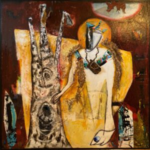 3 - Fernando Pisacane, Il Santo e la betulla, olio acrilici e vernici con materie e ferri e carte su multistrato preparato a colla, cm. 85x85, 2021