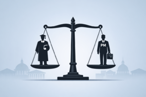 Silhouette di giudici e PM in equilibrio su due lati