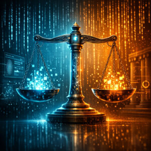 bilancia della giustizia con elementi digitali