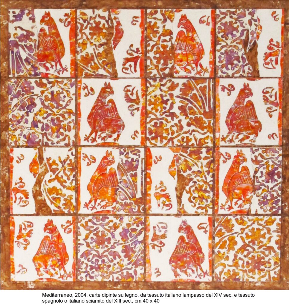 Mauro Molinari, Mediterraneo, carte dipinte su legno, acrilici, da un tessuto italiano lampasso del XVI sec. e tessuto spagnolo siamito del XIII sec.